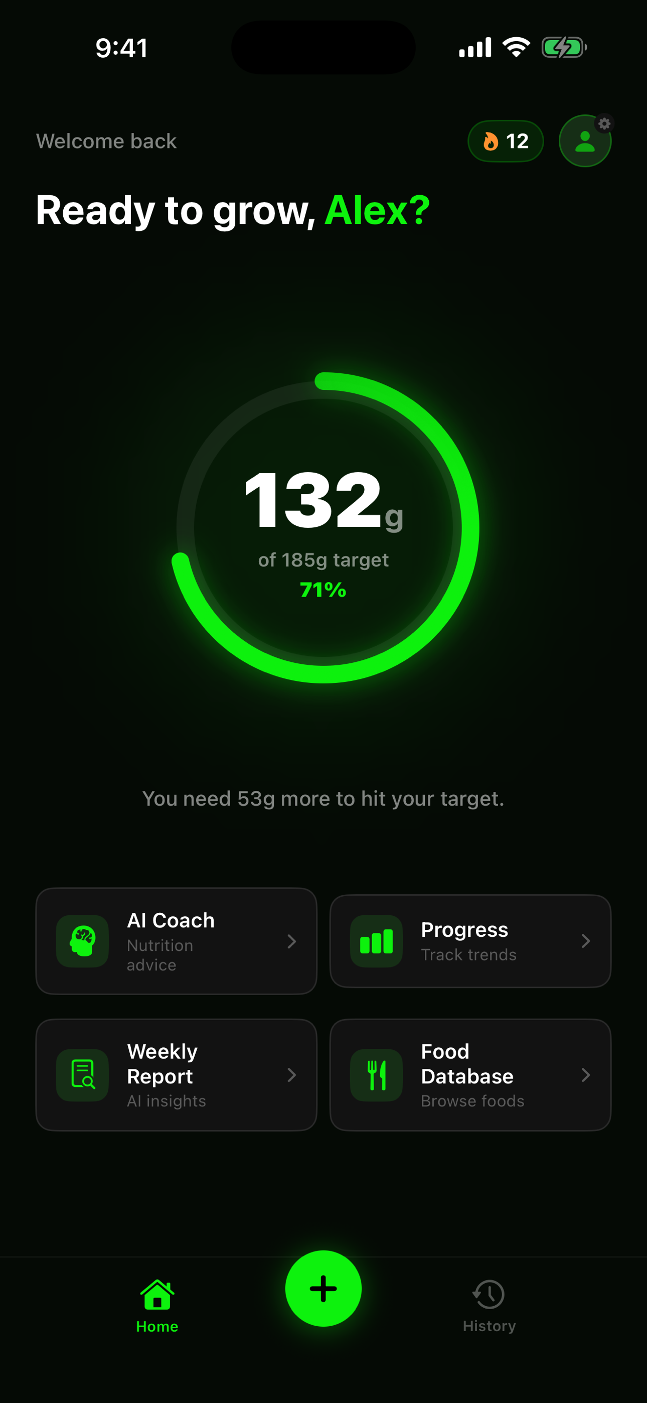 MuscleFuel AI dashboard with 132g of 185g protein target hit, 71% progress ring