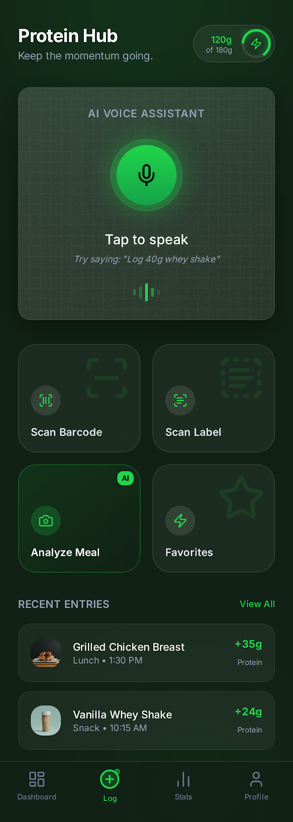 MuscleFuel AI Protein Hub with voice assistant and scan options